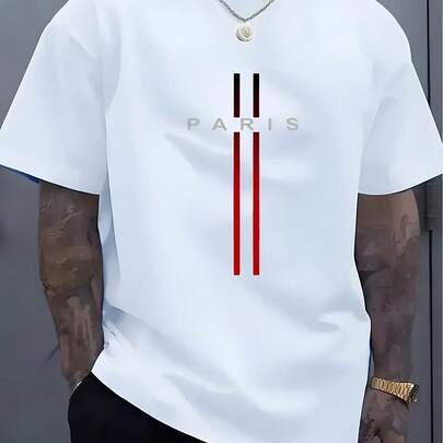 Men's Paris Pattern Printed Short Sleeve T-Shirt - Casual Wear Comfortable, Outdoor Sports T-Shirt For Summer, White With Red And Blue Stripes, Polyester Blended, Round Neck, Lightweight And Breathable, Suitable For Casual