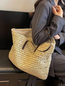 极简主义超大尺寸，适合度假旅行、夏季、度假的完美选择、假日、草编钱包、草编沙滩包、沙滩必需品、沙滩必需品、沙滩用品和夏季必需品、最适合海滩氛围的女士包、夏季度假包 - 米色 - 查看 5