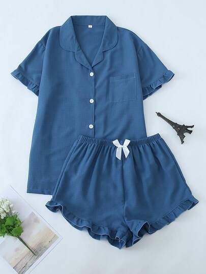 1 件女士纯色泡泡褶V领短袖短裤睡衣套装