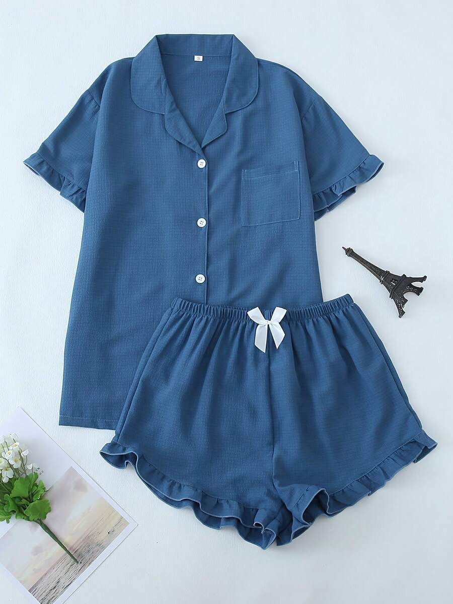 [Dreamery]1pc Women Solid Color Bubble Ruffle V-Neck Short Sleeve Shorts Pajama Set - Blue - View 1