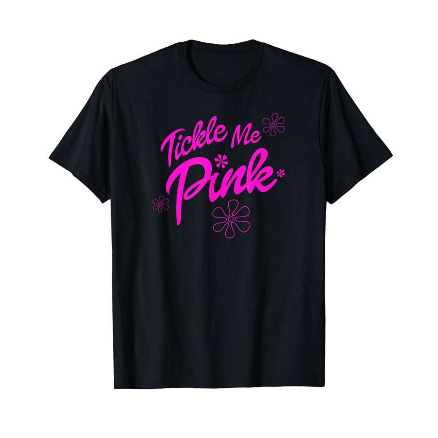 Adorable Tickle Me Pink Retro Flower Power Bubble Gum Pink T-Shirt; SY Gifts For Dad - Black - View 1