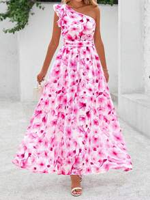 Women Summer Dress Floral One Shoulder Sleeveless Smocked Ruffle Flowy Long Dress With Pocket Boho Beach Vacation Holiday Wedding Guest Valentine Maxi Dress Outfits - 白色粉花 - 查看 3