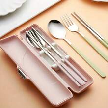 1pc Portable Bowknot Design Cutlery Set - 3pcs Stainless Steel Utensils With Plastic Handles, Including Spoon, Fork, Chopsticks And Storage Box - Stylish Travel Cutlery Set