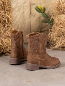 1 Pair Classic Embroidered Fashion All Season Children Boots, Everyday And Vacation Wear, Low Heel Mid-Calf Girls Boots - Khaki - View 4