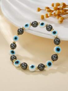 1pc Fashion Chic Obsidian Acrylic Evil Eye Beaded Elastic Bracelet For Women, Suitable For Daily Wear