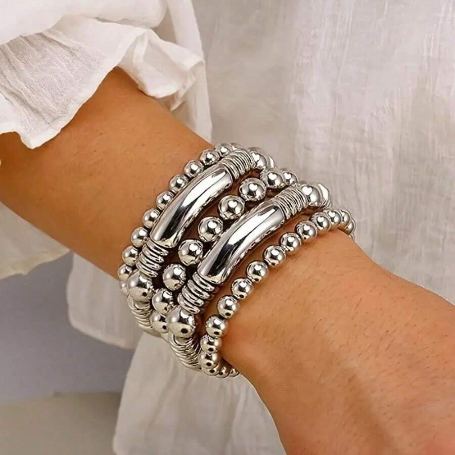 5-Piece Metal Bead Decorative Bracelet With Minimalist Punk Style And Fashionable Men's And Women's Bracelets - 銀色 - 查看 1