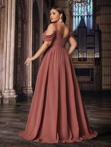 QOQ Elegant Style Solid Color Plus Size Bridesmaid Dresses Formal Dress Long Evening Gown Suitable Wedding, Formal Events Sweetheart Collar Crossed Strapless Chiffon Gowns - Coral Pink - View 2