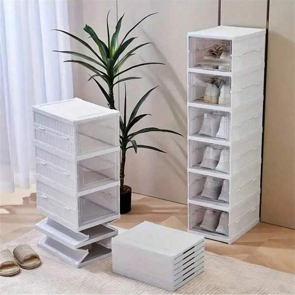 1pc 6-Tier Modern Foldable Shoe Rack, Standalone Plastic Storage Box With Lid, Stackable, Transparent, Dust-Proof, No-Assembly Organizer