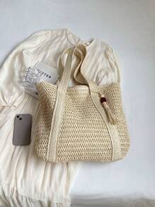 1pc New Fashionable Versatile Tote Bag, Beach Vacation Bag, New Arrival Fashionable Woven Beach Tote Bag, Lightweight Elegant Design, Women's New Straw Woven Handbag, Fashionable And Versatile Large Capacity Tote Bag, Handbag, Large Capacity, Suitable For Women, College Students, Teenagers, With Tassel Pendant, Summer Straw Beach Bag For Women,