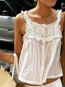 Women Summer Tank Tops Casual Lace Patchwork Buttons Sleeveless Shirt Basic Vest Aesthetic Clothes For Streetwear - White - View 1