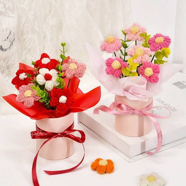 1PC Crochet Flower Bouquet For Gift Handmade Knitted Flower For Birthday Wedding Festival Graduation Home Decor