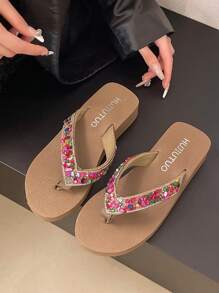 1 Par de Sandalias Tipo Chanclas con Cuña y Detalles de Lentejuelas Estilo Bohemio para Mujer, Sandalias de Playa y Exterior para Verano