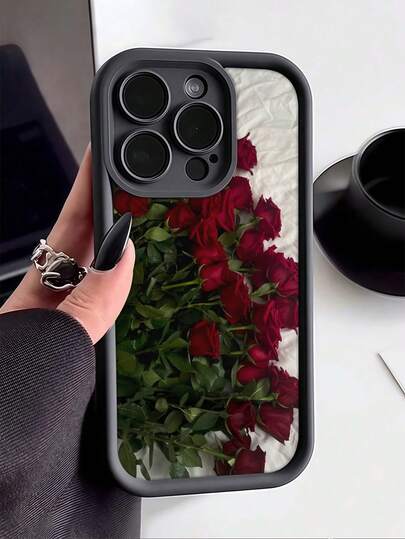 Blomma 1st svart romantiskt rosmönster heltäckande stötsäkert TPU-mobilskal kompatibelt med 16, 15, 14, 13, 12, 11 Pro Max, passar även serien vattentätt falltåligt reptåligt