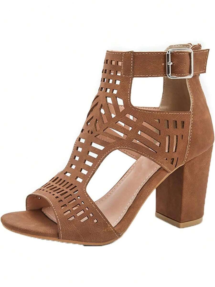 Fashion Women Toe PU Heeled Sandals Street Snap Cut Out Square Heel Zip Casual Sandals For Women Wide Width - 棕色 - 查看 1