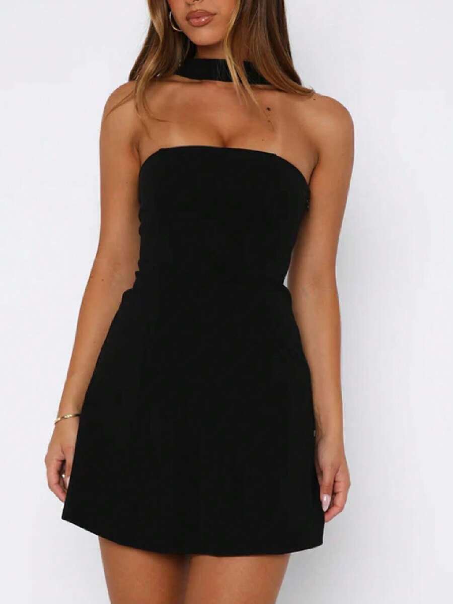 Women Graduation Dress With Neck Scarf Strapless Backless Ruffle Mini Tube Dress Y2k Grad Party A-Line Short Dresses - màu đen - Xem 1
