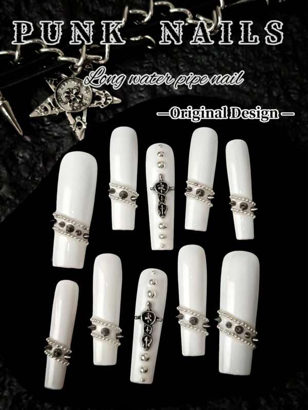 Original Design, Handmade, 10PCS Punk Style Nails, Long Square Fake Nails (Water Pipe Nails), Fusion Of Rivets And Cross Elements. Classic White Paired With Personalized Fashion Design, Create A Unique Punk Girl. Clever Design, Using Heavy Metal Rivet Elements, Wearing White Armor On Both Hands. Hot And Hot Girl Garbage Punk Girl Cyberpunk Metal Nail Set, Suitable For Women And Girls To Wear At Daily Holiday Parties, Enhance Your Appearance, Press Your Nails