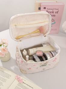 1 Peça/Conjunto Bolsa de Maquiagem Grande com Capacidade Rosa com Coelho e Laço, Bolsa de Cosméticos de Viagem para Estudantes do Ensino Médio, Universitários, Trabalhadores de Escritório, Estilo Doce, Conjunto de Bolsas de Cosméticos Adequado como Presentes de Casamento, Presentes de Formatura, Presentes de Aniversário, Presentes do Dia das Mães, Bolsa Acolchoada com Estampa Floral para Decoração Doméstica, Decoração de Casamento, Bolsa com Zíper e Alça para Viagem, Essenciais de Viagem, Férias, Verão, Volta às Aulas, Material Escolar, Bolsa para Mulheres, Bolsa de Maquiagem para Viagem
