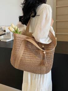 1pc New Fashionable Versatile Tote Bag, Beach Vacation Bag, New Arrival Fashionable Woven Beach Tote Bag, Lightweight Elegant Design, Women's New Straw Woven Handbag, Fashionable And Versatile Large Capacity Tote Bag, Handbag, Large Capacity, Suitable For Women, College Students, Teenagers, With Tassel Pendant, Summer Straw Beach Bag For Women,