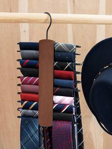 1pc Tie Rack With 20 Hooks, Wooden Tie & Belt Organizer Rack, Non-Slip Tie Holder, Tie Rack, Scarf Organizer, Belt Organizer, Closet Storage, Accessory Storage, Home Decor - Bronze - View 3