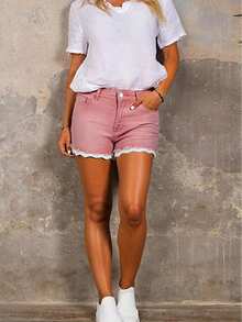Lace Trim Hem Washed Denim Shorts - Pink - View 5