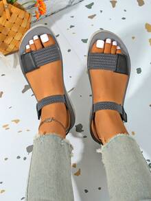 Sandálias femininas de tiras com , moda casual, cor sólida, plataforma, salto anabela, estilo boêmio, sandálias para áreas externas, com , para primavera e verão - Preto - Ver 5