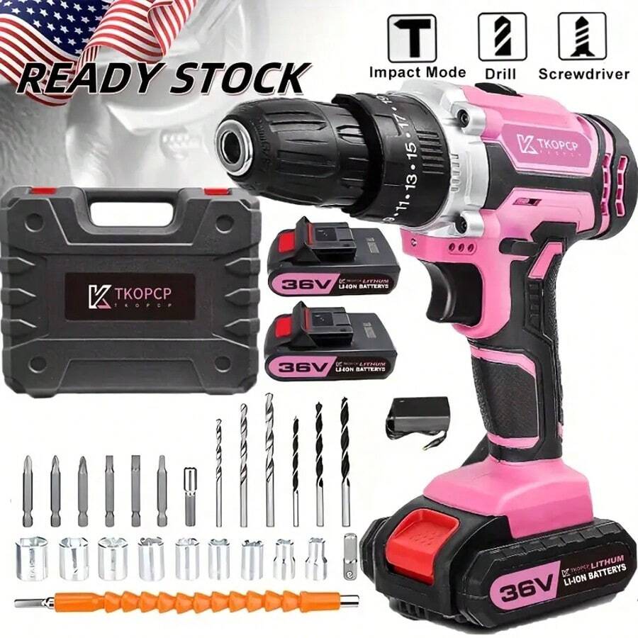 36V Cordless Drill Set - Red Electric Drill With Long-Lasting Battery & Fast Charger, 25 Torque Settings, Max Torque 45Nm, 2-Speed Shifting, Aluminium Alloy Housing, Ideal For DIY Projects, Woodworking & Home Repairs, 2 Batteries Included.