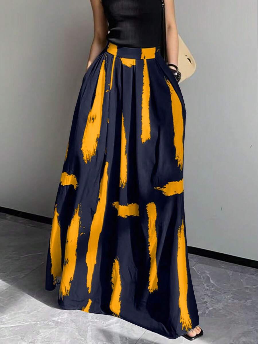 Váy suông cao cấp EARO thiết kế rộng rãi, độc đáo, in hình mực, giúp thon gọn cho nữ - Xanh lam Vàng - Xem 1