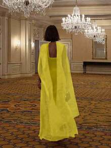 女士夏季细肩带雪纺拼接优雅连衣裙，配缎带，纯色优雅夏季女装 - 黃色 - 查看 3