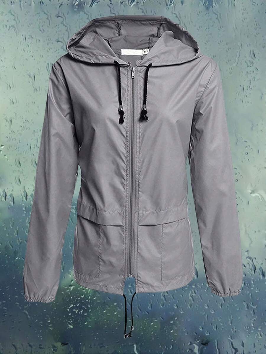 Women Packable Rain Jacket, Outdoor Hooded Windbreaker With Adjustable Drawstring - Grey - View 1