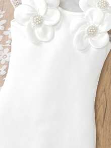 年轻女孩时尚休闲针织纯色条纹3D花卉领腰部紧身连衣裙，夏季 - 白色 - 查看 7