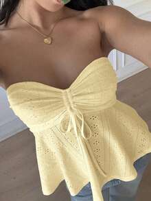 Women's Eyelet Slim Tube Tops Solid Color Tie Front Bandeau Ruched Cropped Tank Tops - Yellow - View 5