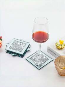 4pcs/Set Crystal Rhinestone Glass Coaster, Fashionable Noble Glass Mirror, Square Cup Mat For Tea Cup, Coffee Cup, Dining Table, Party Tabletop & Bar Decoration - Silver - View 4
