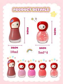 儿童水性可剥指甲油套装，快干指甲油，适合女孩、青少年的水性可剥指甲油，1 套 4 件 * 5ML 和 1 件 * 10ML 可剥指甲油，The Cap Redom 颜色，红色、粉色、橙色、黄色、绿色指甲油，美甲沙龙，美甲用品，儿童礼物，女孩，指甲油