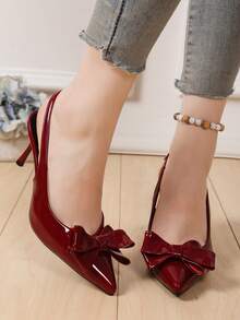 JABOOLINX Giày sandal quai thanh lịch phong cách Pháp cổ điển có trang trí nơ, giày cao gót mũi nhọn, giày sandal xỏ ngón sang trọng cho mùa xuân/hè, phù hợp với váy và đi làm - Đỏ - Xem 6