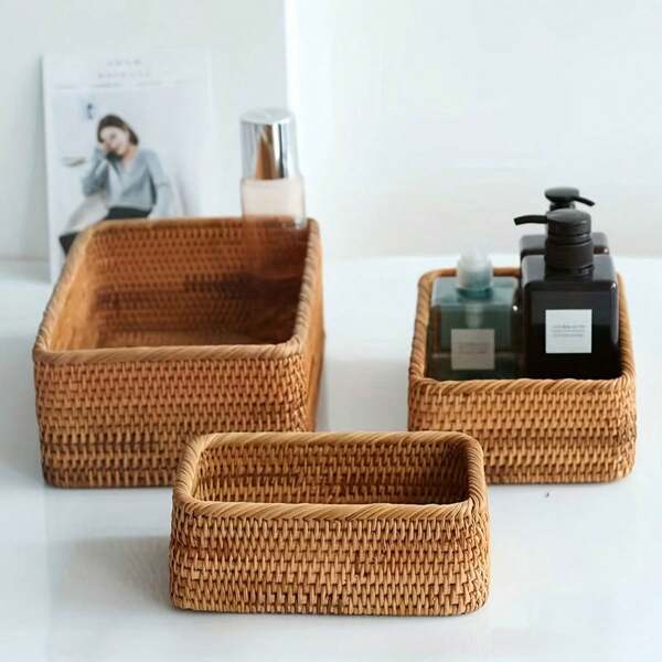 1 Stück/3 Stück Rattan Aufbewahrungskorb, Snack & Obst Aufbewahrungsbox, quadratischer Flechtkorb, Badezimmer Tablett, rechteckiger geflochtener Brotkorb, Haushalt Schreibtisch Organizer dekorativer Korb für Frauen Aufbewahrung, Reiseaccessoires Geschenk