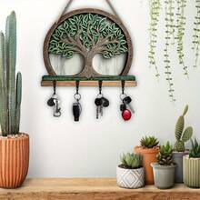 11.81x9.64 Inch Bohemian Style Wooden Life Tree Wall Decor Key Holder Hook, Multifunctional Entryway, Kitchen And Living Room Organizer, Easy To Install Functional Storage Rack, Finished Painted Hook Rack, 2D Flat - Multicolor - View 5