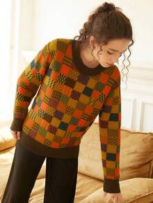 Knit Mix 优雅女士时尚格子针织毛衣，宽松圆领长袖套头衫，适合圣诞节、感恩节、新年、休闲场合穿着，随机图案设计，也适合返校季和秋冬季节穿着。 - 彩色 - 查看 6