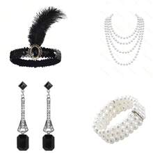 4 件套 1920 年代轻佻女郎头饰新娘婚礼派对发饰、头带、发夹、手套派对服装装饰女士万圣节 - 彩色 - 查看 6