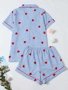 Conjunto de pijama de top de manga corta con estampado de rayas y corazones y shorts para mujer, color azul claro fresco - Azul - Ver 9