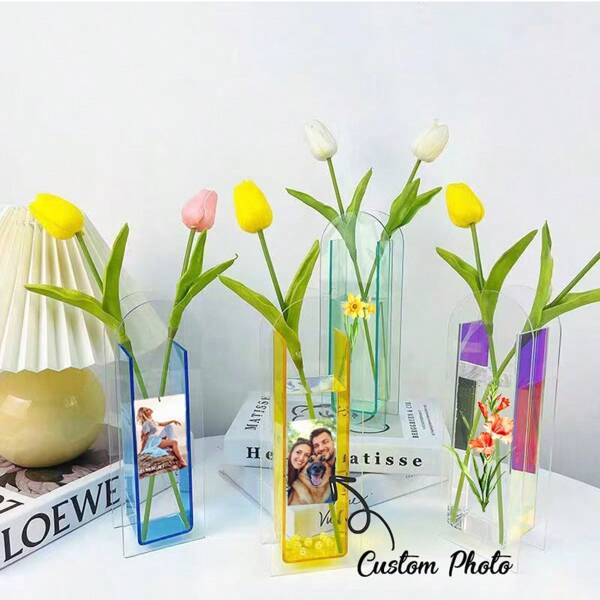 Custom Acrylic Vase With Photo& Text, Arch Shape Vase Modern Design Clear Geometric Plastic Decorative Vase For Wedding Table Centerpiece Home Decor,Gifts Birthday Graduation