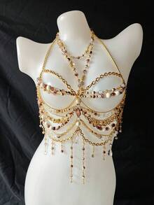 Unisex Sexy Body Chain, Pearl Necklace Lingerie, Alluring Exotic Transparent Bra Decor, Suitable For Party, Holiday, Nightclub, Music Festival - A - 查看 2