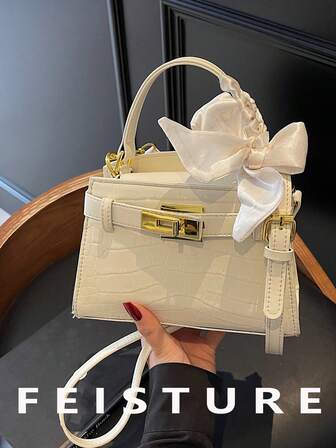 תיק יד FEISTURE לאישה עם קישוט צעיף, חומר PU סגירה מגנטית תיק מרובע קטן, מתאים ליומיום, דייטים ונסיעות