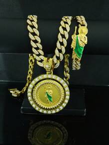 1pc Rotatable Jesus Pendant Necklace + 1pc Green Oil Drop Jesus Bracelet Set, Stylish Hip Hop Gift For Men, Suitable For Daily Wear