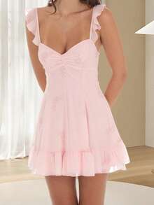 Women Mini Dress Solid Color/Floral Print Ruffles Straps A-Line Dress Summer Back Tie-Up Backless Dress - Hồng - Xem 1
