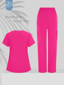 V-Neck Multi-Pocket Waist Tie Scrubs Uniform Set, Nurse Scrubs Workwear For Dentist, Healthcare, Pet Hospital, Laboratory - Hot Pink - View 3