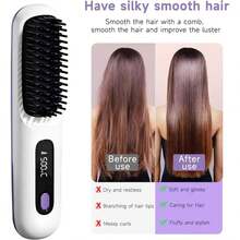 便携式无线直发梳 - 可充电，3 档温度设置，持久亮泽，LED 显示屏，轻巧便携，旅行必备，含梳子和夹子，1800mAh 电池，送礼佳品，轻松拉直秀发，方便携带
