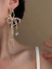 1 Pair Pink Crystal Butterfly Tassel Long Earrings, Unique Design Elegant Everyday Accessory