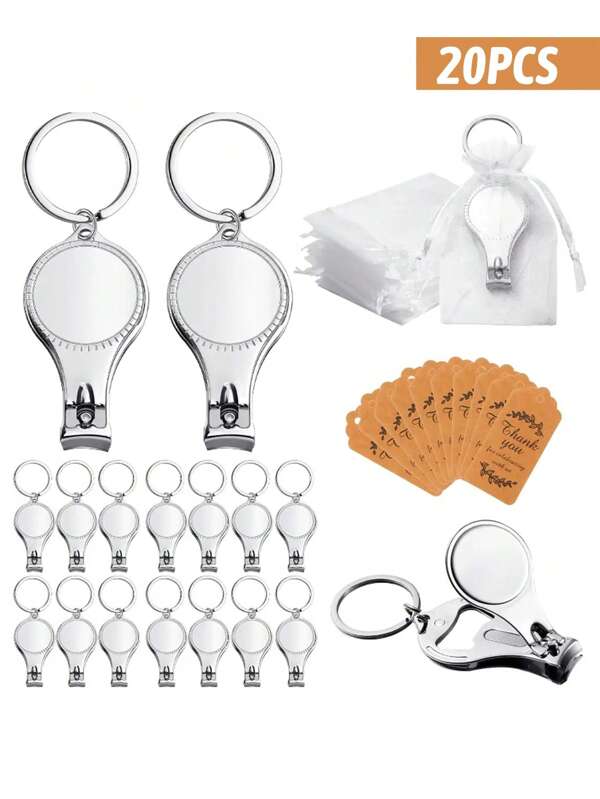 20 Set Silber Nagelschere Schlüsselanhänger Flaschenöffner mit Anhängerkarten, Organzabeutel als Partygästegeschenke, Hochzeitsdekoration, Heimdekoration, Raumdekoration, Partyartikel, Brautgeschenke, Geburtstag, Abschluss, Geburtstagsdekoration, Partydekorationen, Junggesellinnenabschied