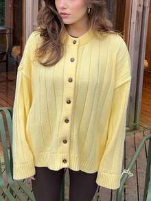 1pc Women Solid Color Versatile & Comfortable Knit Cardigan Sweater, Loose Fit, Long Sleeve - 黃色 - 查看 5