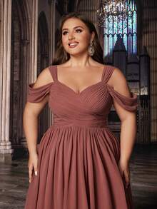 QOQ Elegant Style Solid Color Plus Size Bridesmaid Dresses Formal Dress Long Evening Gown Suitable Wedding, Formal Events Sweetheart Collar Crossed Strapless Chiffon Gowns - Coral Pink - View 6